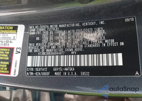 2010 Toyota Venza Base V6 z USA, uszkodzony, nr VIN 4T3BK3BBXAU044877
